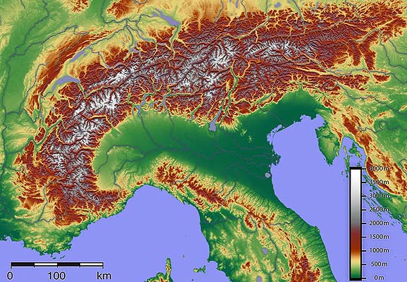 Topografic map of the Alps